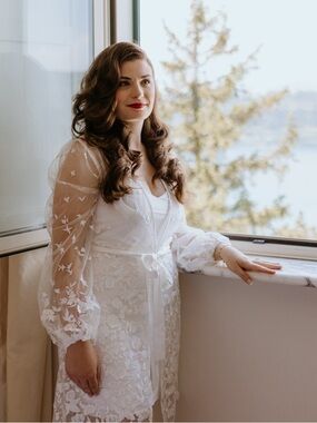 Sheer Embroidered Ivory Maxi Dress with Balloon Sleeves
